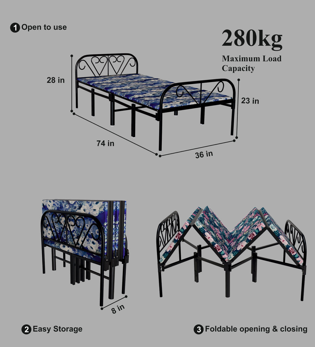 Sahni Foldable Furniture  Bed Frame with Attached Hard Cushion (Glossy Black Finish, Black Color Mattress)