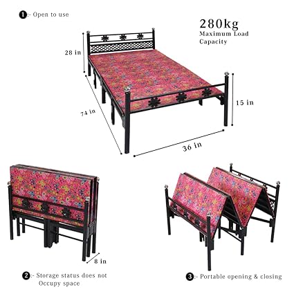 Sahni Foldable Furniture European Style Folding Bed with Mattress Attached Iron/Steel/Metal Single Size for Sleeping, Guest, Children and Adults (6by3ft, Multi Colour)