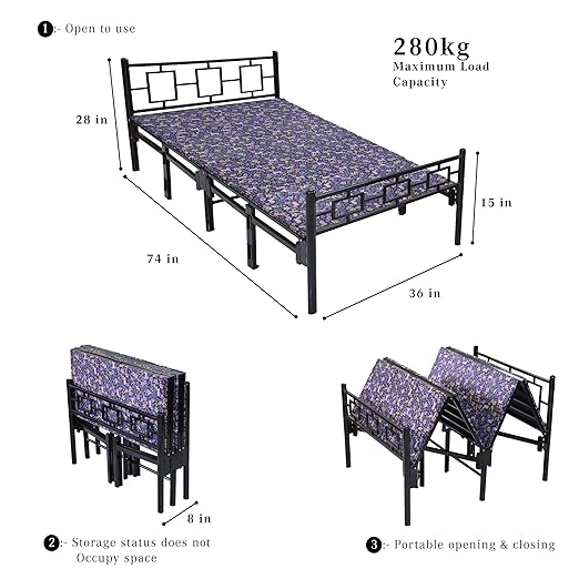 Sahni Foldable Furniture Modern Style Single Metal/Iron Bed for Sleeping with Fixed Mattress (Glossy Finish, Multi-Colour, 6ft by 3ft)