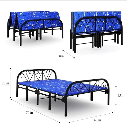 Sahni Foldable Furniture Queen Size Iron/Metal/Steel Folding Bed with Fixed Mattress (188 cm x 120 cm, 6ftx4ft Multi Colour)